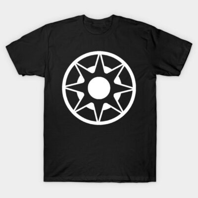 Black t-shirt with white star compass design, casual style, cotton material, ideal for everyday wear.