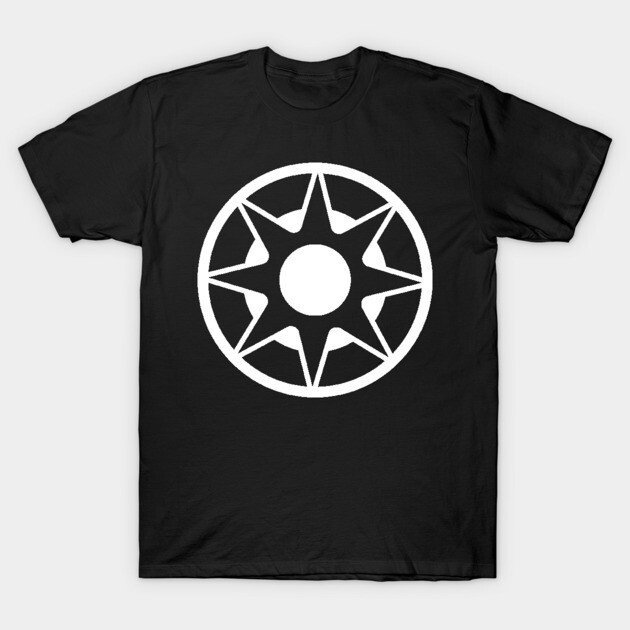 Black t-shirt with white star compass design, casual style, cotton material, ideal for everyday wear.
