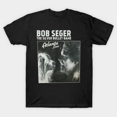 Black unisex T-shirt featuring "Bob Seger The Silver Bullet Band" Atlanta Live graphic, casual cotton apparel.