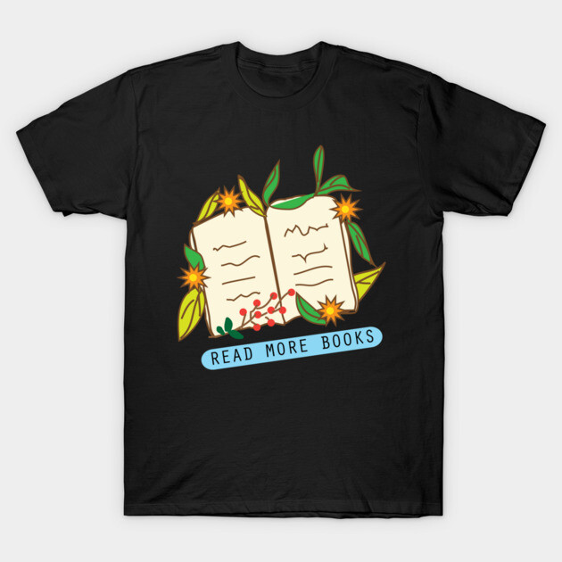 Black t-shirt with "Read More Books" design, featuring open book with floral accents. Casual wear, cotton material.