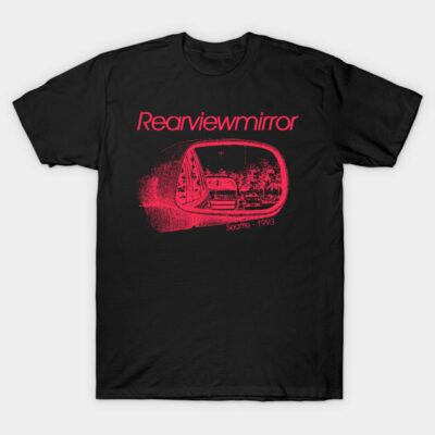 Black t-shirt with red rearview mirror graphic, text "Rearviewmirror Seattle 1993", casual style, cotton material.