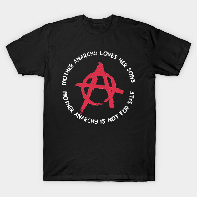 Black T-shirt with red anarchy symbol and white text, casual wear, cotton material.