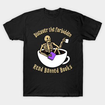 Black t-shirt with skeleton in coffee cup design, holding a book and mug, promoting reading banned books. Casual wear.