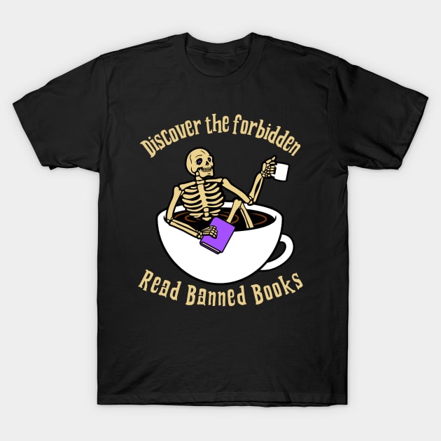 Black t-shirt with skeleton in coffee cup design, holding a book and mug, promoting reading banned books. Casual wear.