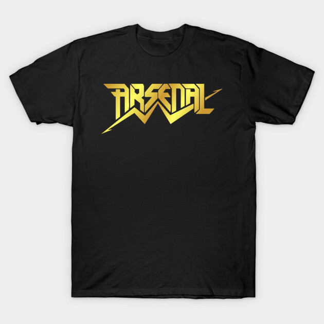 Black t-shirt with bold yellow "Arsenal" graphic design, casual style, perfect for everyday wear or sports fans.