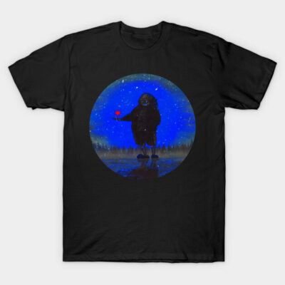 Black t-shirt with a blue night sky design, featuring a mysterious figure holding a red orb, ideal for casual wear.