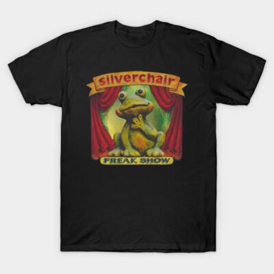 Black graphic t-shirt featuring colorful frog design with "Silverchair Freak Show" text, casual cotton style.