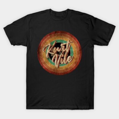 Black t-shirt with vintage-style graphic design, featuring concentric circles and bold text, casual unisex wear.