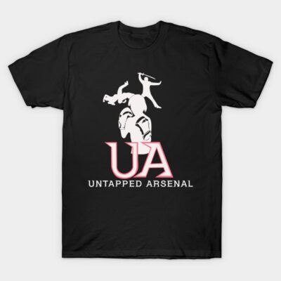 Black "Untapped Arsenal" t-shirt with graphic design, casual style, cotton material, ideal for everyday wear.