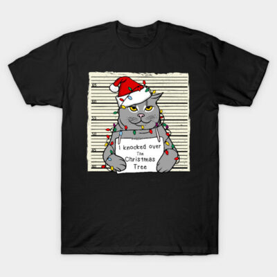 Black Christmas-themed t-shirt with a cat in Santa hat design, festive and humorous style, perfect for holiday wear.