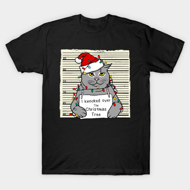 Black Christmas-themed t-shirt with a cat in Santa hat design, festive and humorous style, perfect for holiday wear.