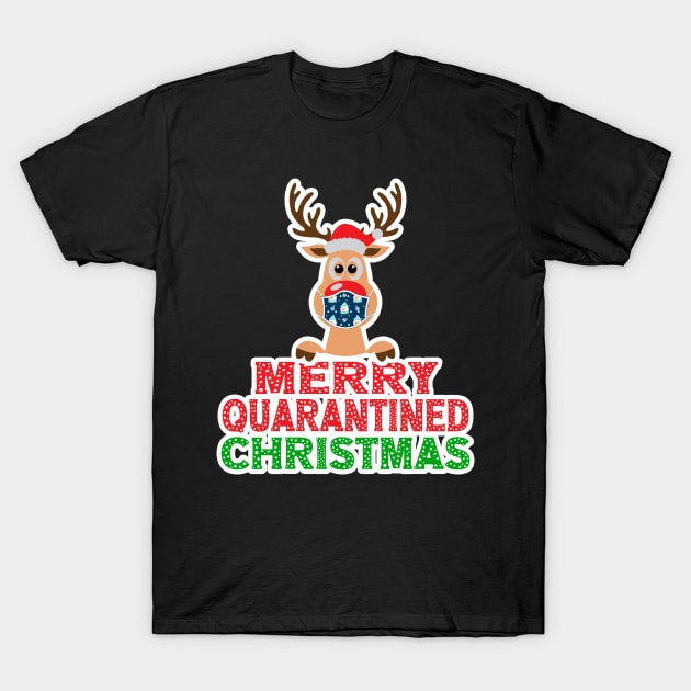 Black Christmas T-shirt with reindeer and "Merry Quarantined Christmas" design, festive holiday apparel.