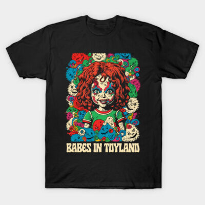 Black T-shirt featuring colorful "Babes in Toyland" graphic design, ideal for casual wear and cotton comfort.