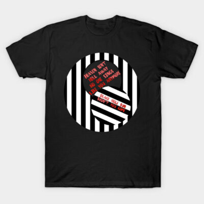 Black T-shirt with bold black and white striped circle design and red text, casual style, cotton material.