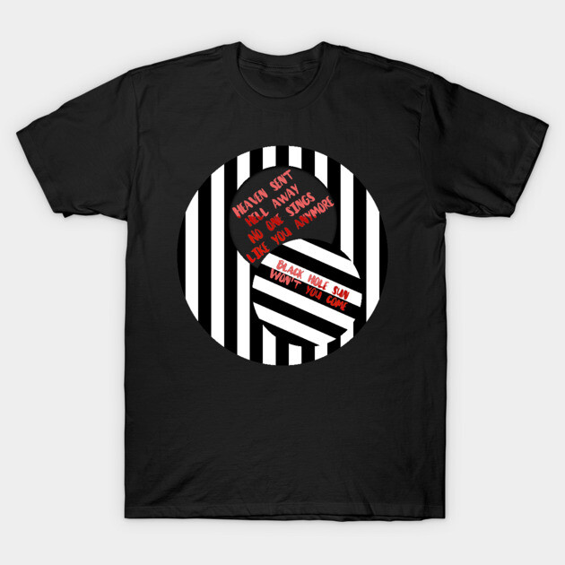 Black T-shirt with bold black and white striped circle design and red text, casual style, cotton material.