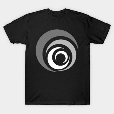Black T-shirt with abstract gray and white spiral design, casual wear, 100% cotton, unisex style.