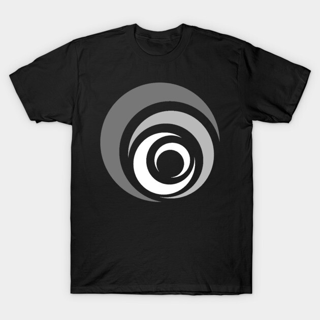 Black T-shirt with abstract gray and white spiral design, casual wear, 100% cotton, unisex style.