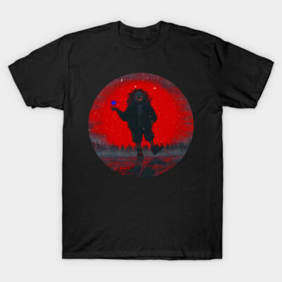 Black graphic t-shirt with red and black artistic design, featuring figure holding a blue object, ideal for casual wear.