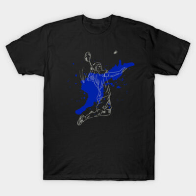 Black t-shirt featuring a dynamic blue tennis player graphic, casual sportswear, perfect for athletic enthusiasts.