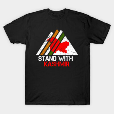 Black graphic t-shirt with "Stand with Kashmir" text and colorful mountain design, casual style, cotton fabric.