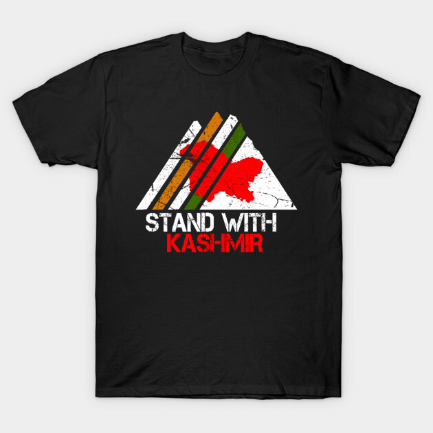 Black graphic t-shirt with "Stand with Kashmir" text and colorful mountain design, casual style, cotton fabric.