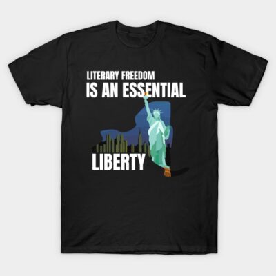 Black t-shirt featuring "Literary Freedom" text and Statue of Liberty graphic; casual wear, cotton blend, unisex.
