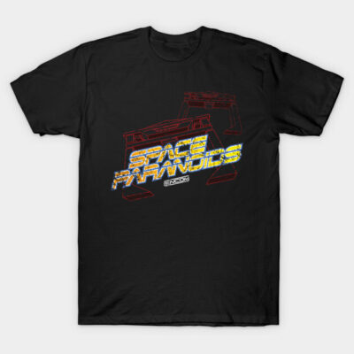 Black Space Paranoids graphic t-shirt, retro arcade design, cotton casual wear, perfect for gaming enthusiasts.