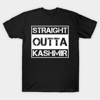Black "Straight Outta Kashmir" T-shirt, bold graphic print, casual wear, cotton material.