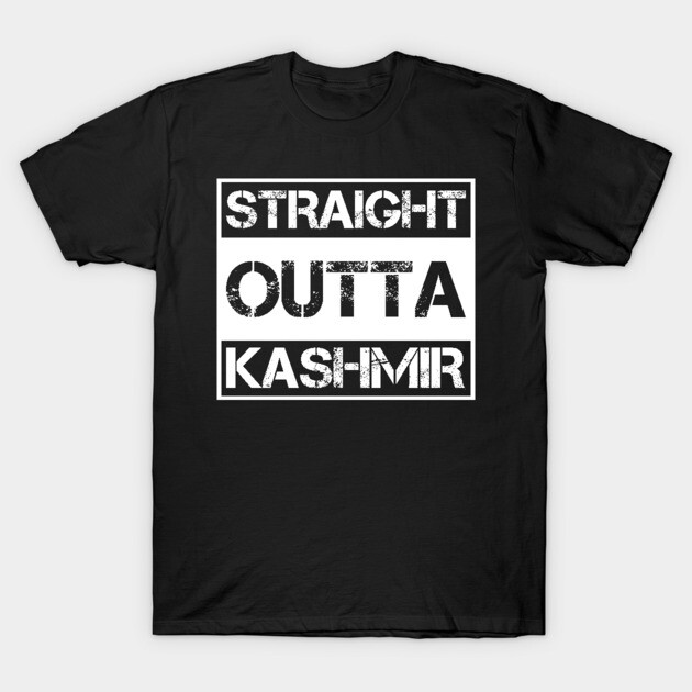 Black "Straight Outta Kashmir" T-shirt, bold graphic print, casual wear, cotton material.