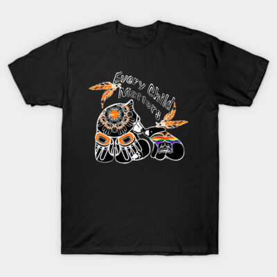 Black t-shirt with "Every Child Matters" design, featuring orange accents and feathers, casual wear, cotton material.