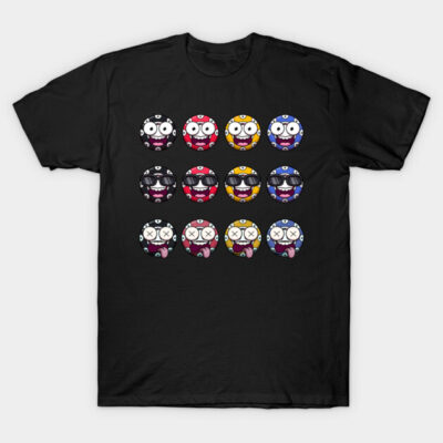 Black t-shirt with colorful cartoon faces print, casual style, unisex, 100% cotton, perfect for everyday wear.