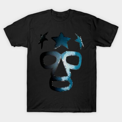 Black T-shirt with blue star mask graphic, casual style, cotton material, unisex design for everyday wear.
