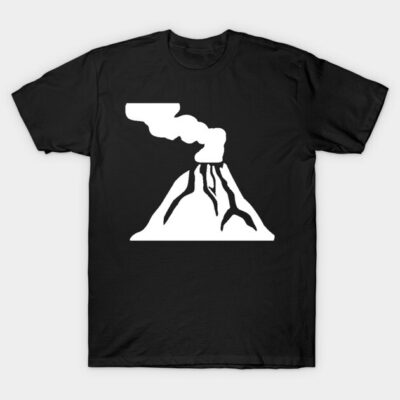 Black t-shirt with white volcanic eruption graphic, casual style, cotton material, perfect for everyday wear.