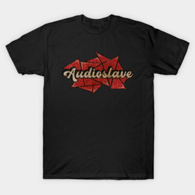 Black T-shirt featuring red geometric pattern and beige text design, casual style, 100% cotton.