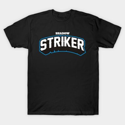 Black "Shadow Striker" t-shirt, bold white and blue text, casual style, perfect for everyday wear.