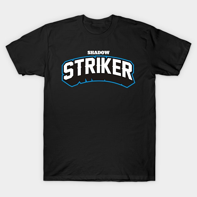 Black "Shadow Striker" t-shirt, bold white and blue text, casual style, perfect for everyday wear.