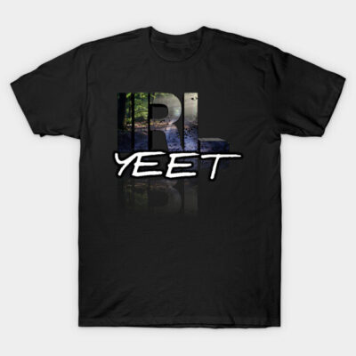 Black graphic t-shirt with "IRL YEET" design, casual cotton apparel for everyday wear.