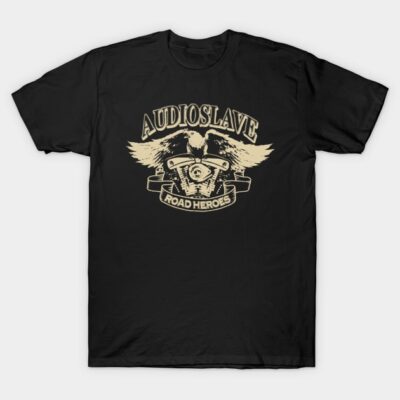 Black t-shirt with vintage motorcycle engine graphic, eagle design, and "Road Heroes" text, ideal for casual wear.