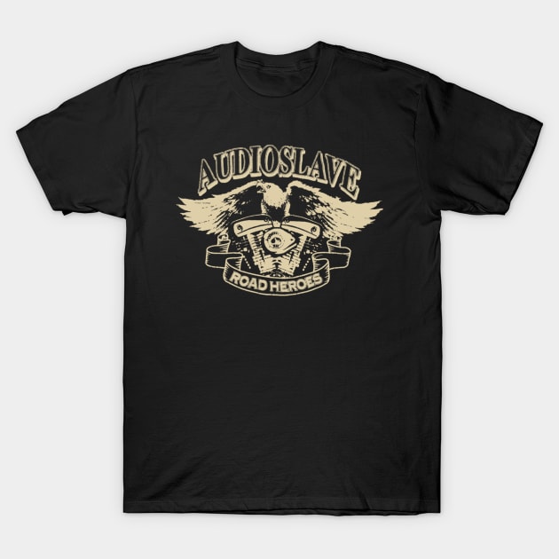 Black t-shirt with vintage motorcycle engine graphic, eagle design, and "Road Heroes" text, ideal for casual wear.
