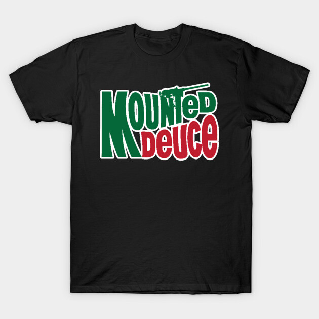 Black cotton T-shirt with "Mounted Deuce" text design in green and red. Casual style, perfect for everyday wear.