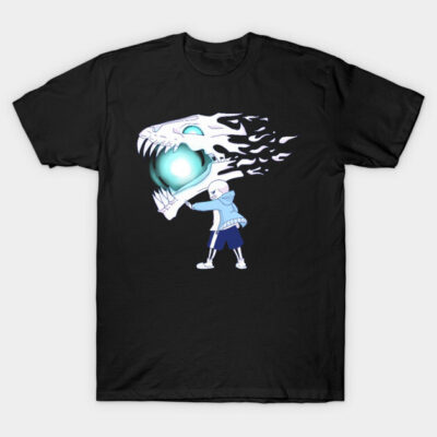 Black graphic t-shirt with a skeleton and flame design, casual style, soft cotton material, unisex fit.
