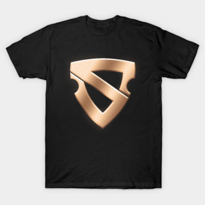 Black T-shirt with gold geometric logo, casual unisex style, cotton material, ideal for everyday wear.