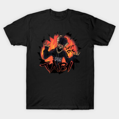 Black graphic T-shirt featuring bold "Tabi" illustration with vibrant red and orange accents, casual streetwear style.