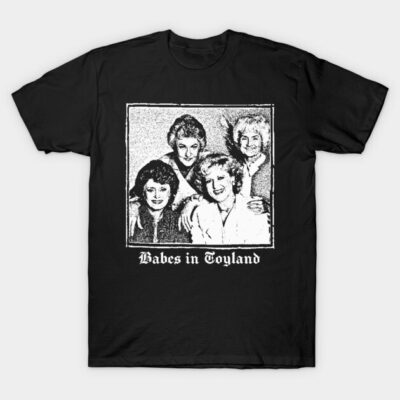 Black graphic t-shirt with vintage print and "Babes in Toyland" text, casual wear, 100% cotton, unisex style.