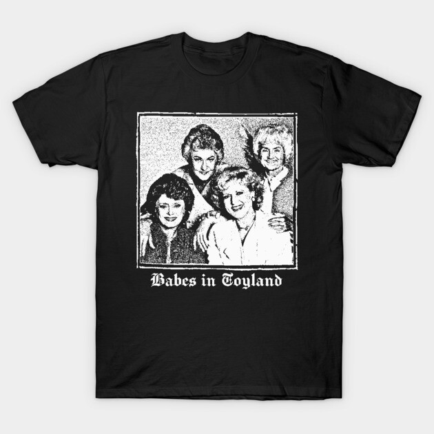 Black graphic t-shirt with vintage print and "Babes in Toyland" text, casual wear, 100% cotton, unisex style.