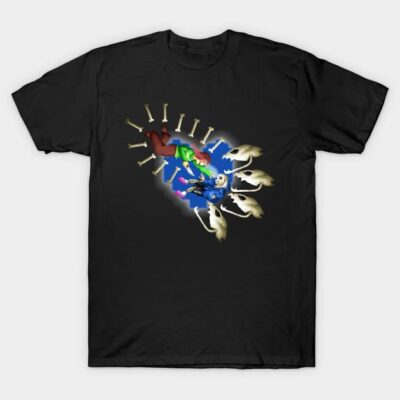 Black cotton t-shirt featuring colorful graphic design with abstract elements, suitable for casual wear.