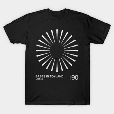 Black graphic t-shirt with white sunburst design and "Babes in Toyland" text, made of 100% cotton, casual wear.