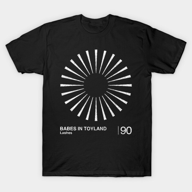Black graphic t-shirt with white sunburst design and "Babes in Toyland" text, made of 100% cotton, casual wear.