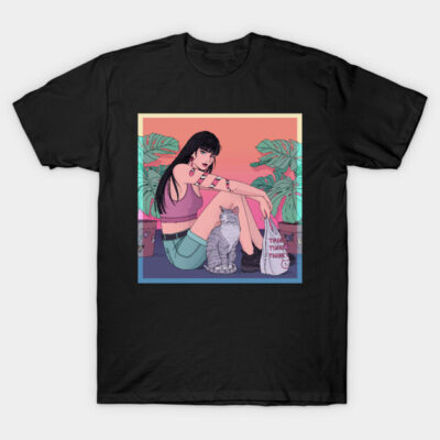 Black graphic t-shirt featuring colorful illustration of a person with a cat, plants, and sunset background, casual style.