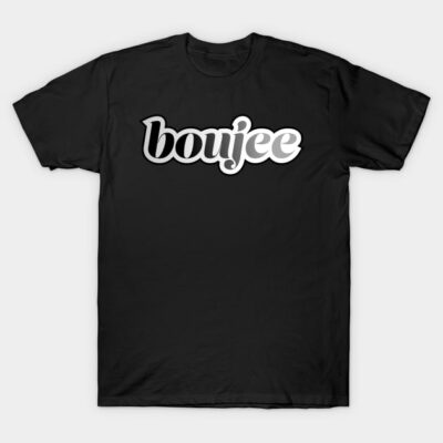 Black t-shirt with "boujee" graphic text, casual style, cotton material, ideal for everyday wear.